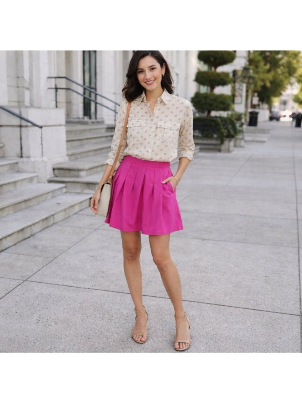 J.Crew 100% Silk Polka Dot Blouse Button Front Cream Gray Size 6